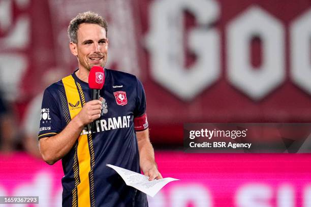 Wout Brama of Wouts All Stars thanking fans during the Farewell match of Wout Brama between FC Twente 2010 & 2011 and Wouts All Stars at De Grolsch...