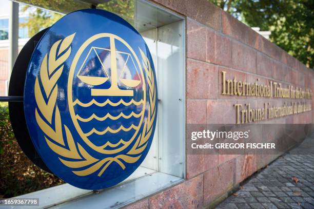 The emblem of the International Tribual for the Law of the Seas outside their premises on September 11, 2023 in Hamburg, northern Germany. Leaders of...