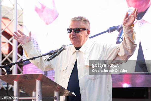 Graham McPherson aka Suggs of Madness attends the unveiling of The Music Walk Of Fame 2023 at Camden on September 04, 2023 in London, England.