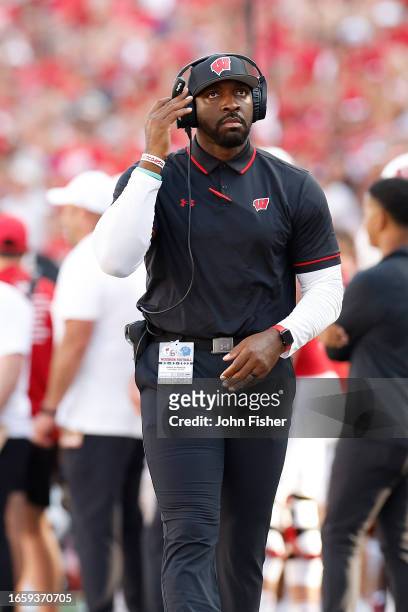 Greg Scruggs defensive line coach looks on during the game against the Buffalo Bulls at Camp Randall Stadium on September 02, 2023 in Madison,...