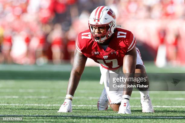 Darryl Peterson of the Wisconsin Badgers before the snap against the Buffalo Bulls at Camp Randall Stadium on September 02, 2023 in Madison,...