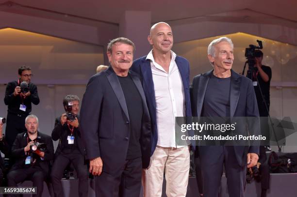 Italian actors Giacomo Poretti, Aldo Baglio, Giovanni Storti at the 80 Venice International Film Festival 2023. Red carpet Filming Italy Best Movie...