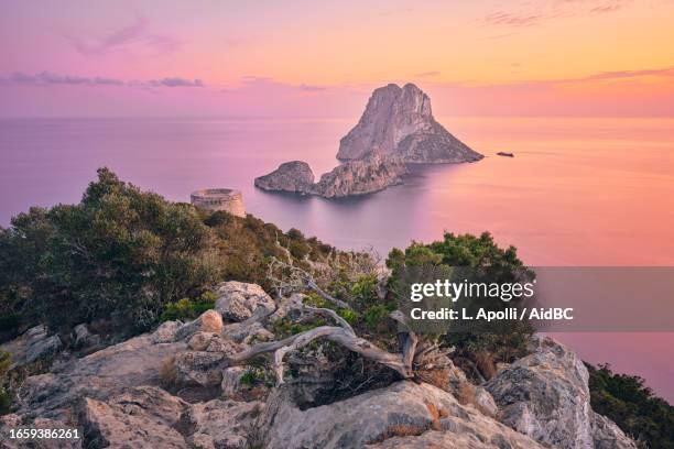 es vedrà, es vedranell, torre des savinar, rocky isles, ancient tower and lush mediterranean scrub at twilight, ibiza, spain - ibiza island stock pictures, royalty-free photos & images