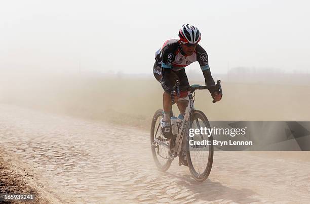 Stijn Devolder of Belgium and Radioshack Leopard in action 2013 Paris - Roubaix race from Compiegne to Roubaix on April 7, 2013 in Roubaix, France....