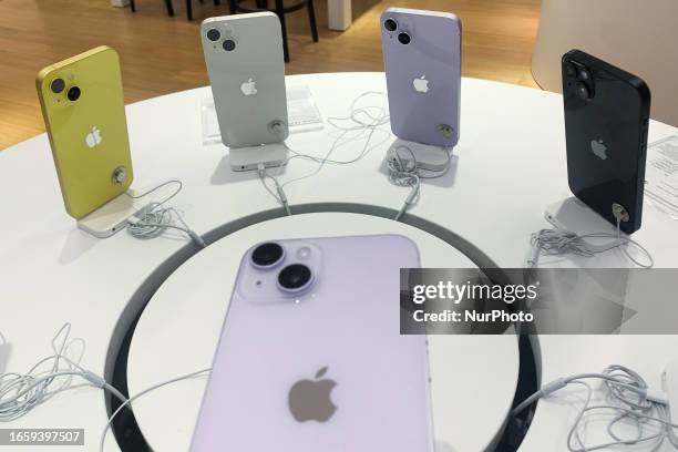 IPhone phones are seen in this illustration photo taken at the store in Krakow, Poland on September 11, 2023.