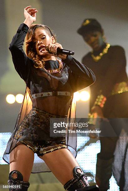 Rihanna performs in support of her Unapologetic release at HP Pavilion on April 6, 2013 in San Jose, California.