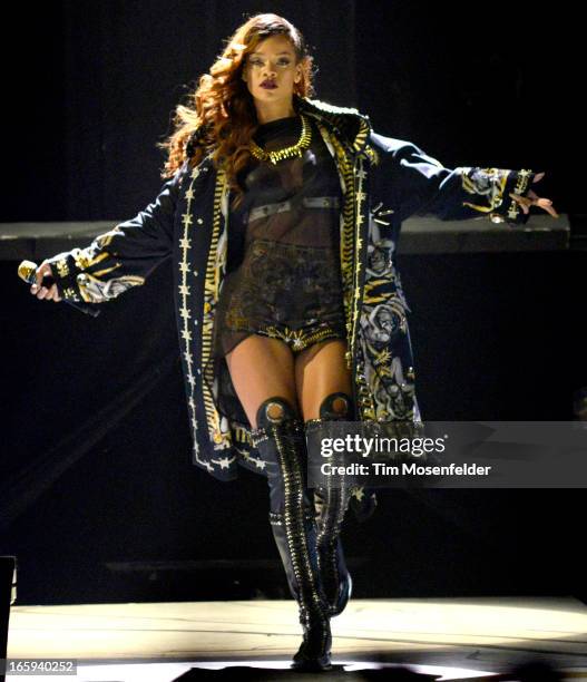 Rihanna performs in support of her Unapologetic release at HP Pavilion on April 6, 2013 in San Jose, California.