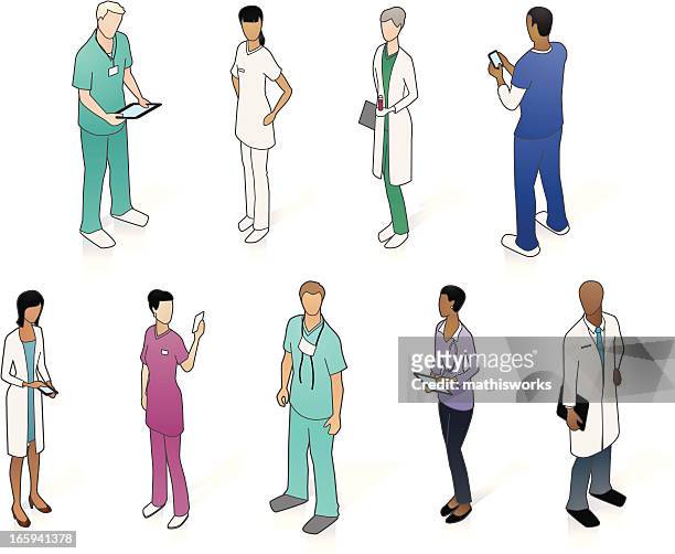 isometric medical people - asian guy reading tablet stock illustrations