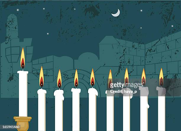 hanukkah candlestick and jerusalem - wailing wall stock illustrations