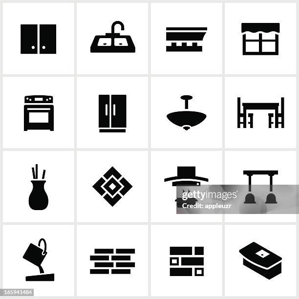 stockillustraties, clipart, cartoons en iconen met black kitchen remodel icons - huisuitbreiding