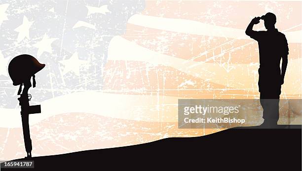 armed forces, soldier saluting fallen comrade, american flag background - war memorial holiday stock illustrations