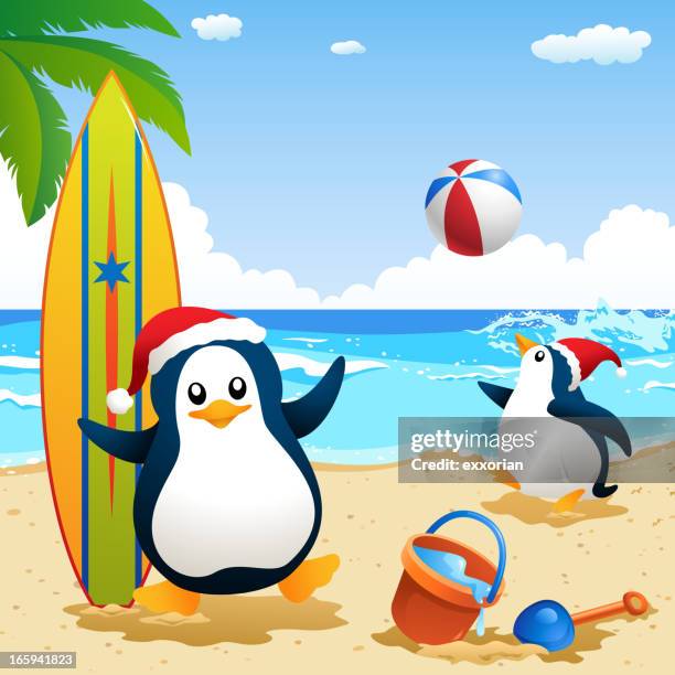 penguins celebrate christmas in the summer beach - christmas penguins stock illustrations
