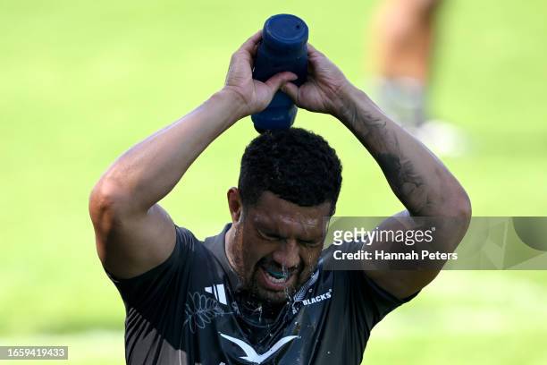 Ardie Savea of the All Blacks recovers during a New Zealand All Blacks training session at LOU rugby club on September 04, 2023 in Lyon, France.