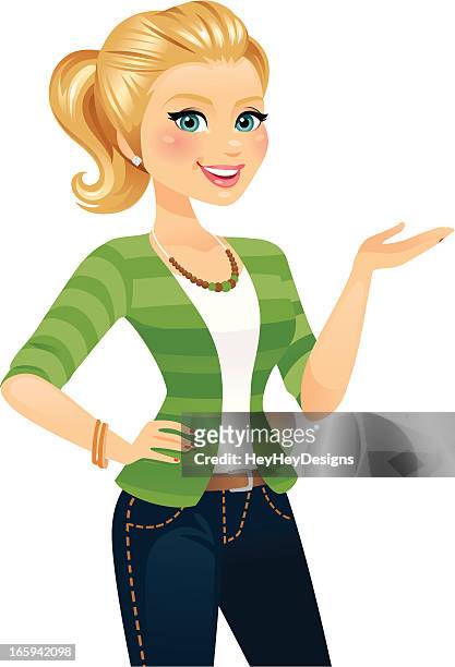 frau im grünen gestikulieren - blonde woman stock-grafiken, -clipart, -cartoons und -symbole