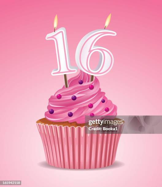 stockillustraties, clipart, cartoons en iconen met sweet sixteen cupcake - number 16