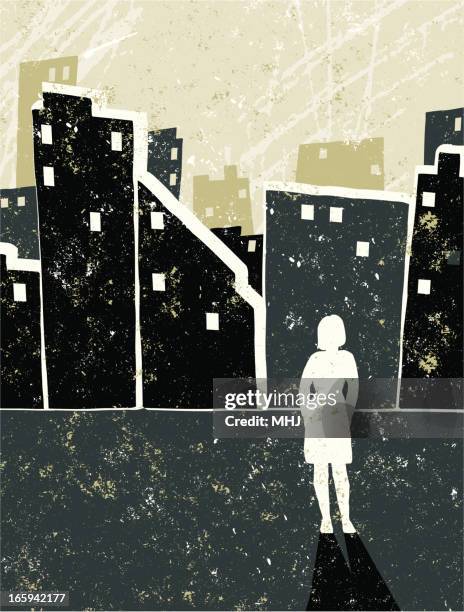 little businesswoman alone against a city skyline - one woman only stock illustrations