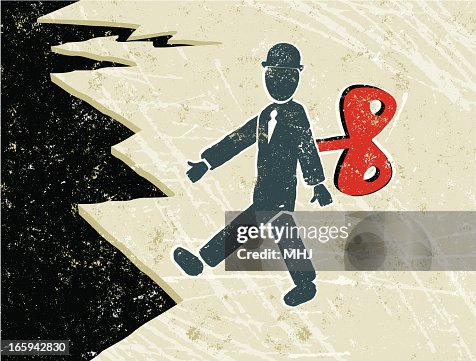 Clockwork Business Man Walking Towards a Cliff Edge Clockwork Business Man Walking Towards a Cliff Edge
