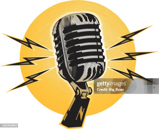 ilustraciones, imágenes clip art, dibujos animados e iconos de stock de micrófono vintage semitono - microfono retro