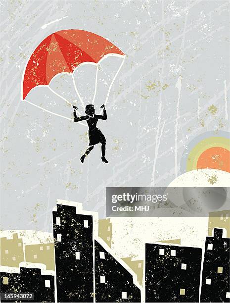 stockillustraties, clipart, cartoons en iconen met business woman on parachute flying free over a cityscape - parachute