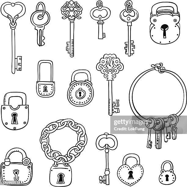 keys and locks in sketch style - heart lock stock illustrations