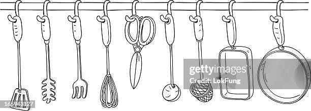 bildbanksillustrationer, clip art samt tecknat material och ikoner med kitchen utensil collection in black and white - serveringsredskap