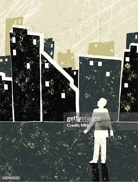 little businessman' alone against a city skyline - loneliness stock illustrations