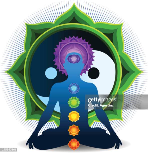 chakra meditation with green yin yang - asian man exercise stock illustrations