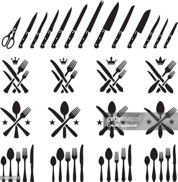 stockillustraties, clipart, cartoons en iconen met kitchen utensils silverware forks knifes and spoons vector icon set - tafelmes