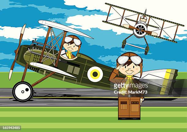 ww1 style military biplane & pilots - 1930 1939 aviator stock illustrations
