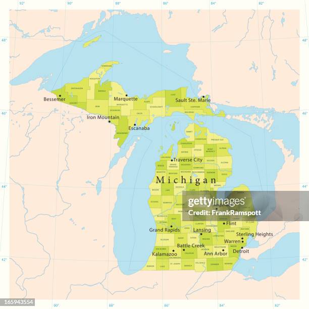 ilustrações, clipart, desenhos animados e ícones de michigan vetor mapa - detroit michigan