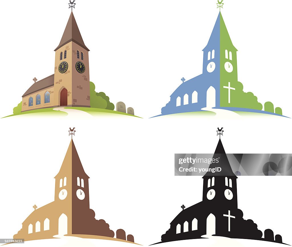 Four illustrations of a church in different colors