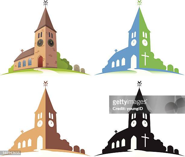 four illustrations of a church in different colors - steeple stock illustrations