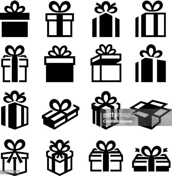 geschenke-boxen &, schwarz-weiß vektor icon-set - geschenkkarton stock-grafiken, -clipart, -cartoons und -symbole