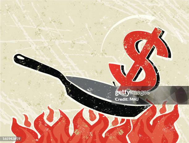 dollar out of a frying pan into the fire - editorial illustration stock illustrations