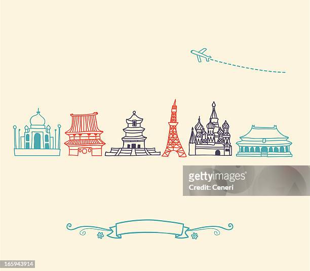 asia icons, landmarks and travel destinations cityscape set - international landmark stock illustrations