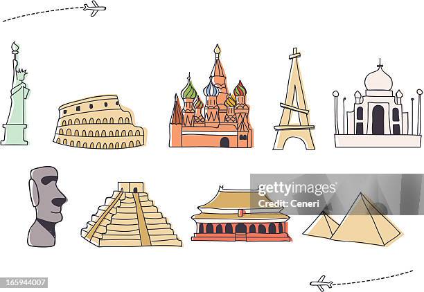 ilustraciones, imágenes clip art, dibujos animados e iconos de stock de lugar famoso internacional de iconos dibujados a mano de (1) - pyramid shape