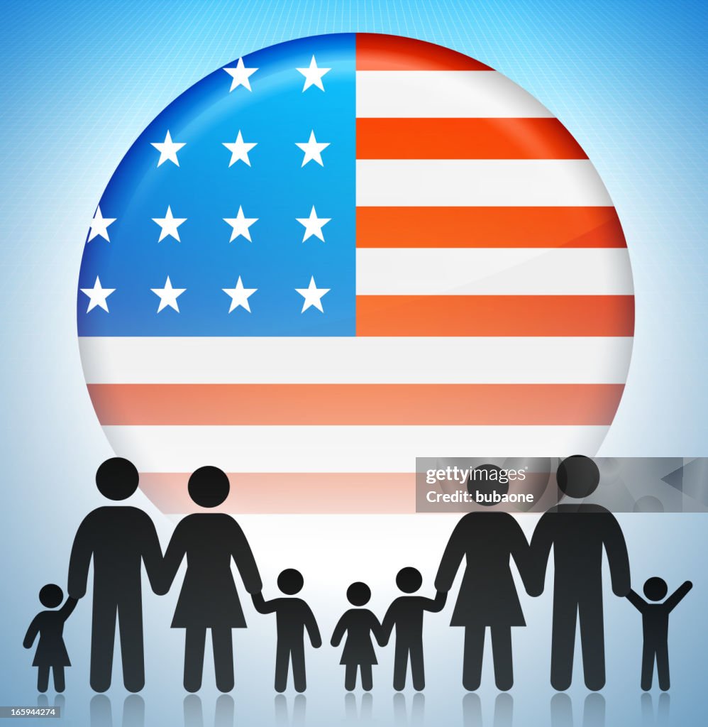 United States Flag Button with Family Stick Figure Concept