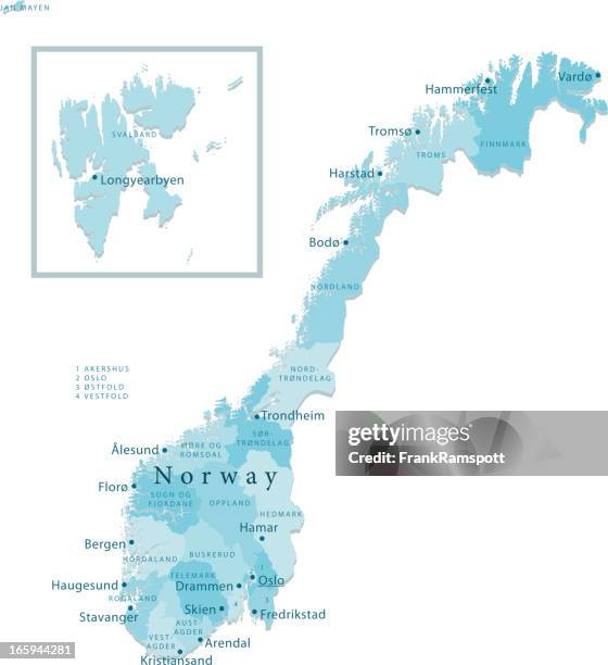 norway vector map regions isolated - bergen map stock illustrations