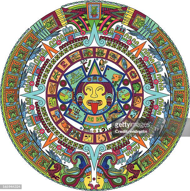 illustrazioni stock, clip art, cartoni animati e icone di tendenza di azteca calendario illustrazione - civiltà maya