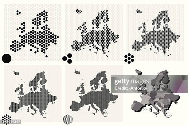gepunktete karten von europa in unterschiedlichen auflösungen - european map stock-grafiken, -clipart, -cartoons und -symbole
