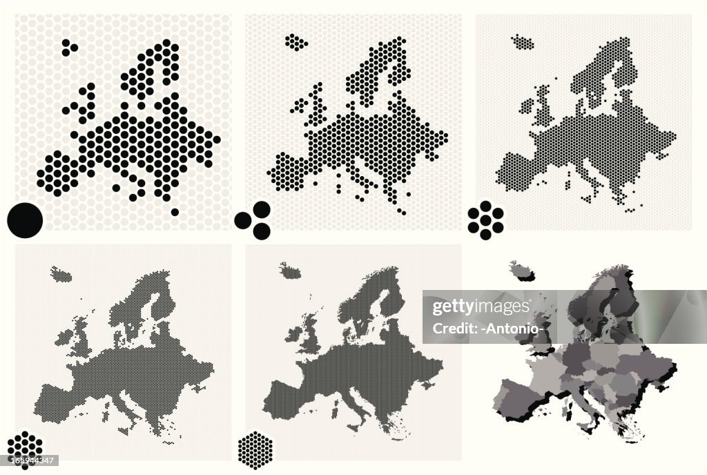 Various types of dotted maps of Europe resolutions