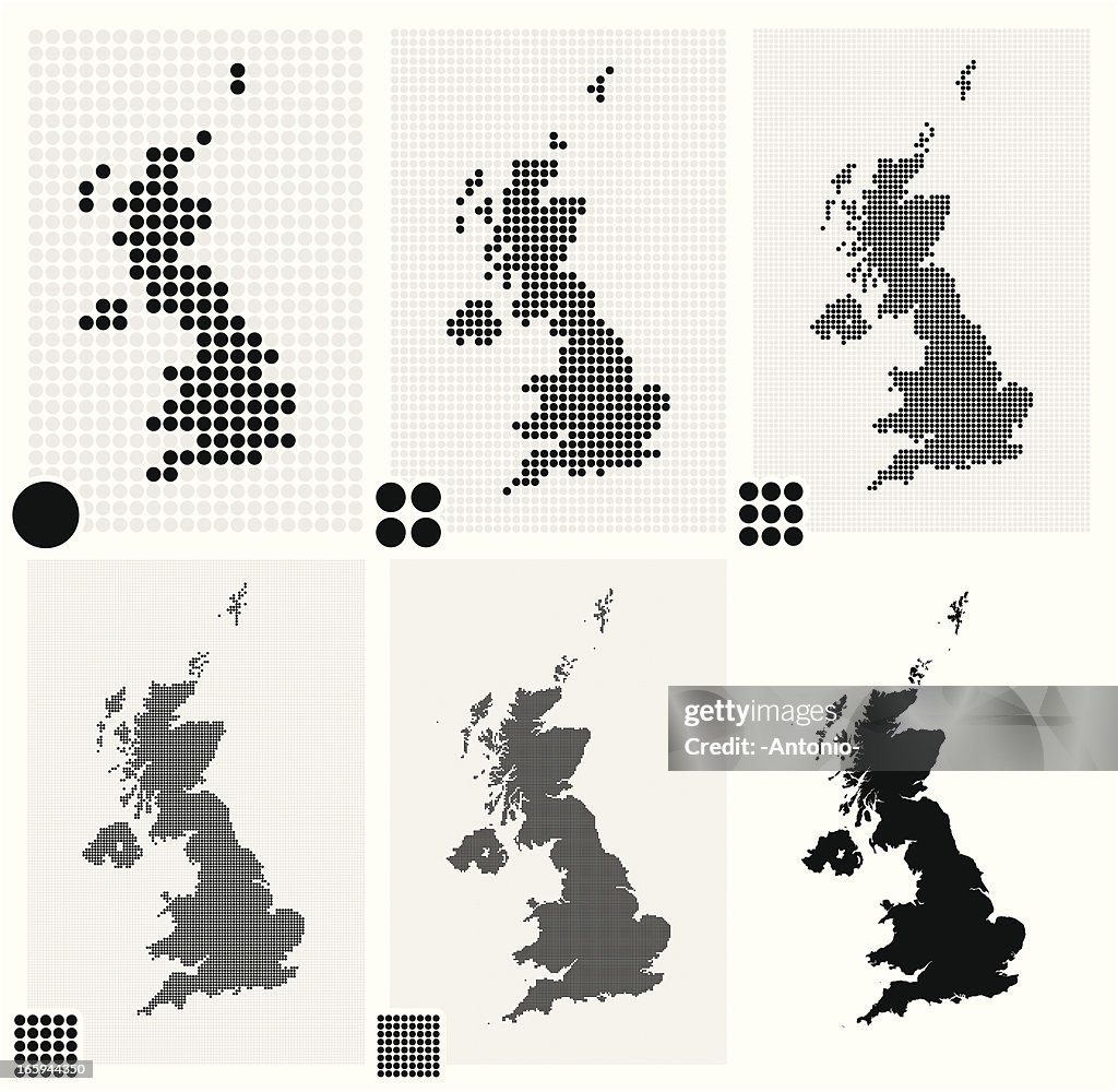 Six dotted maps of United Kingdom in different resolutions