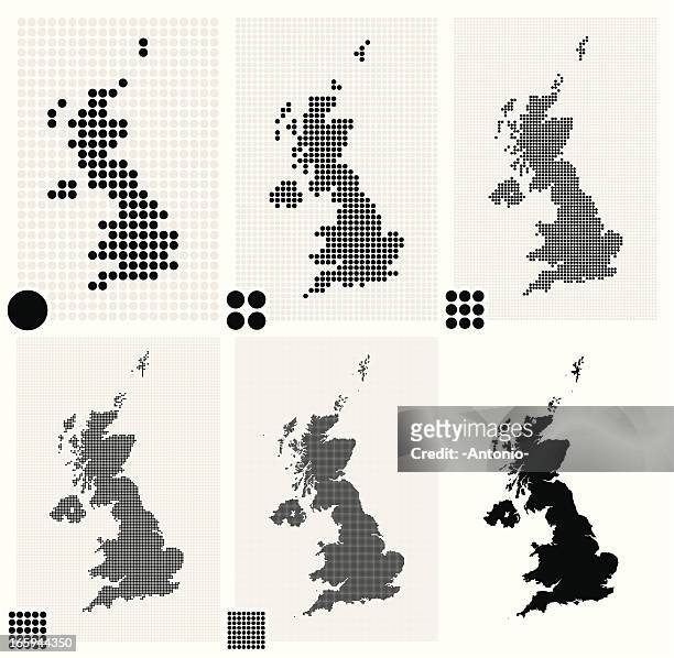 six dotted maps of united kingdom in different resolutions - uk stock illustrations