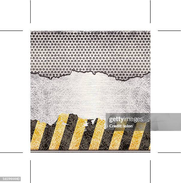 seamless metallic grid on shiny plate with adhesive warning stripes - torn metal stock illustrations