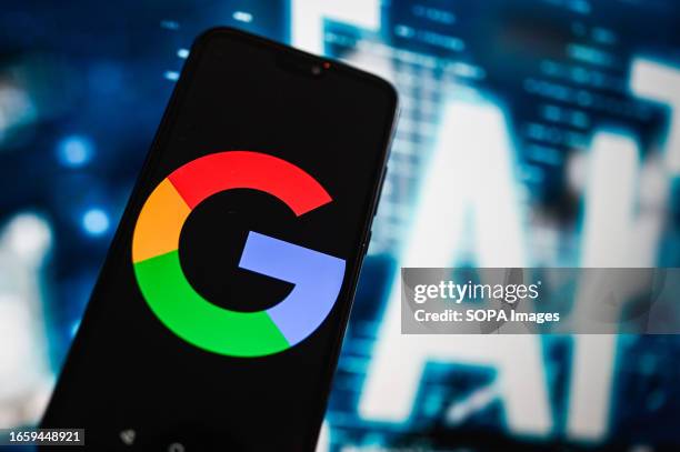 In this photo illustration, Google logo seen displayed on a smartphone with Artifical Intelligence symbols in the background.