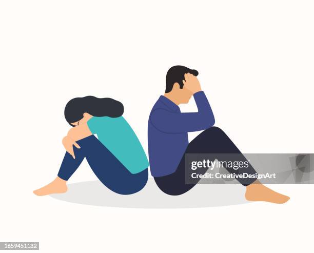 sad couple having a breakup. relationship difficulties, disagreement and marriage problems - consoling stock illustrations