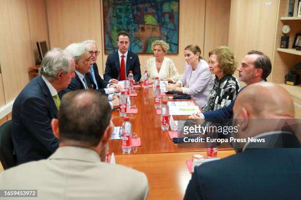 Queen Sofia meets during her visit to the Food Bank Foundation of Mallorca, on September 4 in Palma de Mallorca, Mallorca, Balearic Islands, Spain....