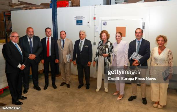 Queen Sofia poses on her arrival at the Food Bank Foundation of Mallorca, on September 4 in Palma de Mallorca, Mallorca, Balearic Islands, Spain....