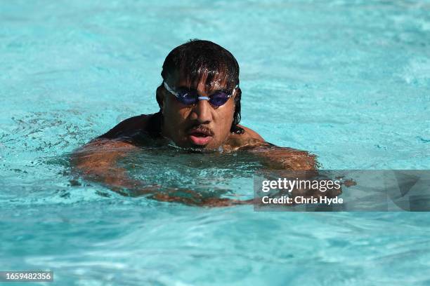 Pone Fa'amausili swims during a Wallabies training session ahead of the Rugby World Cup France 2023, on September 04, 2023 in Saint-Etienne, France.