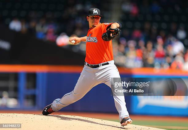 Jose Fernandez of the Miami Marlins pitches against the New York Mets during their game on April 7, 2013 at Citi Field in the Flushing neighborhood...